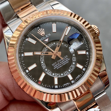 SKY-DWELLER TWO-TONE 42 ROSE GOLD BEZEL BLACK DIAL