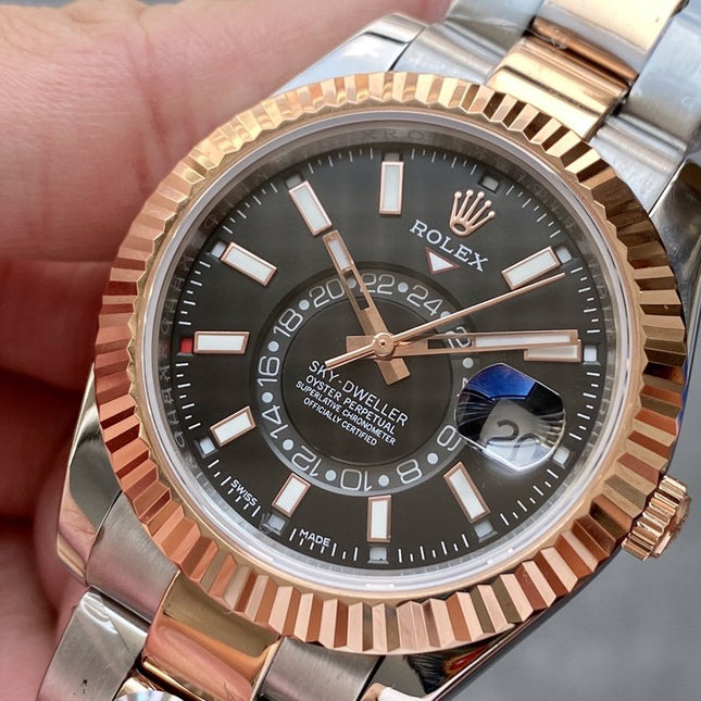 SKY-DWELLER TWO-TONE 42 ROSE GOLD BEZEL BLACK DIAL