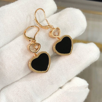 HAPPY HEART PINK GOLD ONYX EARRINGS