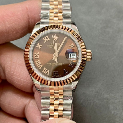 DATEJUST 28MM PINK GOLD STEEL CHOCOLATE DIAL