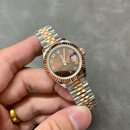 DATEJUST 28MM PINK GOLD STEEL CHOCOLATE DIAL