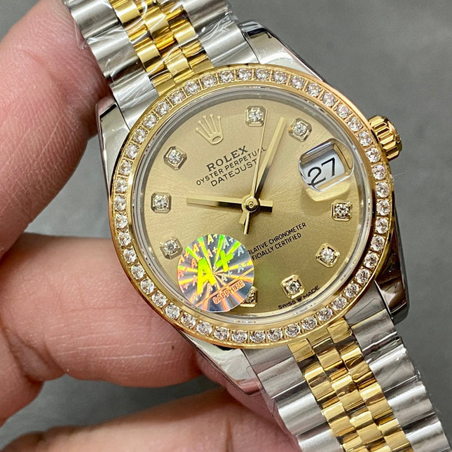 DATEJUST 31MM GOLD STEEL DIAMOND BEZEL YELLOW DIAL