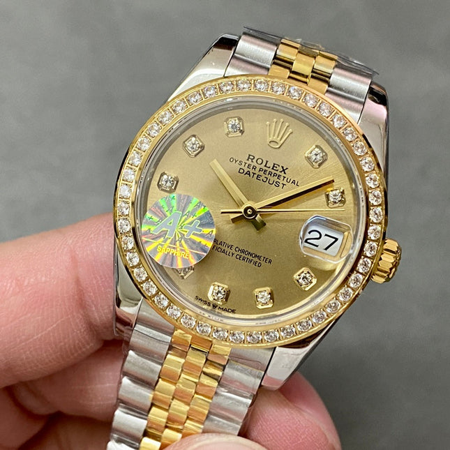 DATEJUST 31MM GOLD STEEL DIAMOND BEZEL YELLOW DIAL