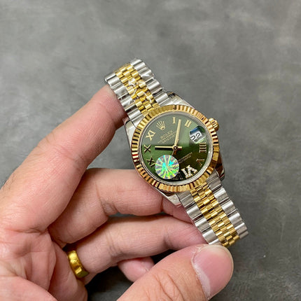 DATEJUST 31MM GOLD STEEL DIAMOND NUMERALS GREEN DIAL