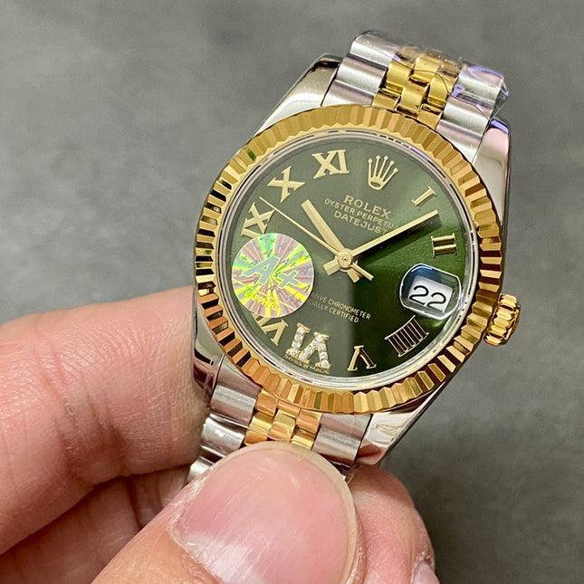 DATEJUST 31MM GOLD STEEL DIAMOND NUMERALS GREEN DIAL