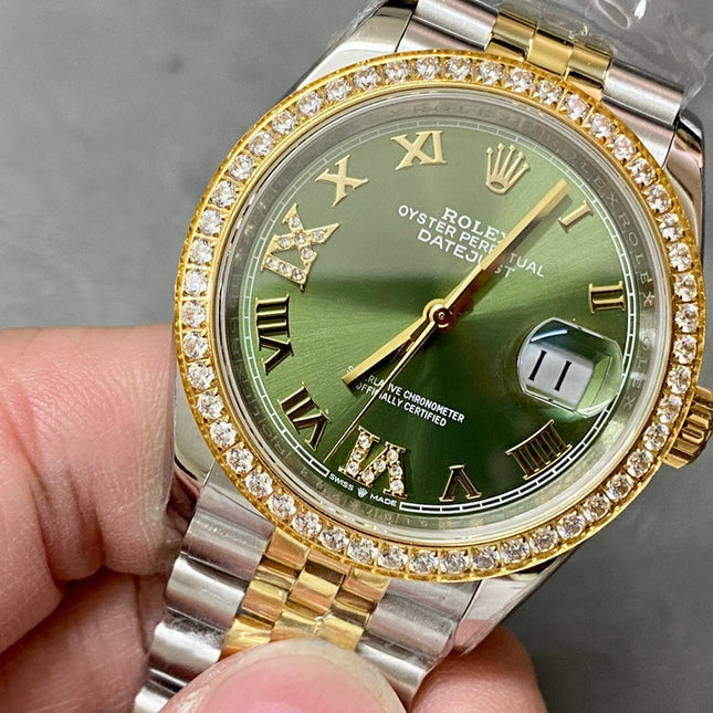 DATEJUST 31MM GOLD STEEL DIAMOND BEZEL GREEN DIAL