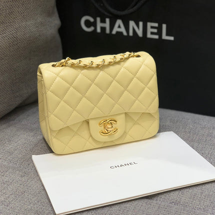 MINI SQUARE FLAP BAG 17CM YELLOW LAMBSKIN GOLD HARDWARE