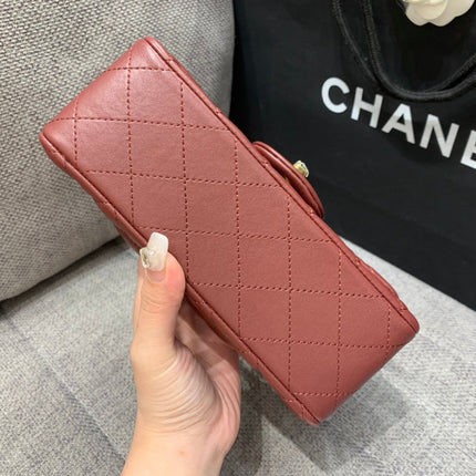 MINI RECTANGLE FLAP BAG 20CM BURGUNDY LAMBSKIN GOLD HARDWARE