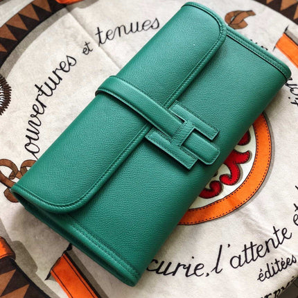 JIGE ELAN 29 CLUTCH IN TEAL GREEN CALFSKIN