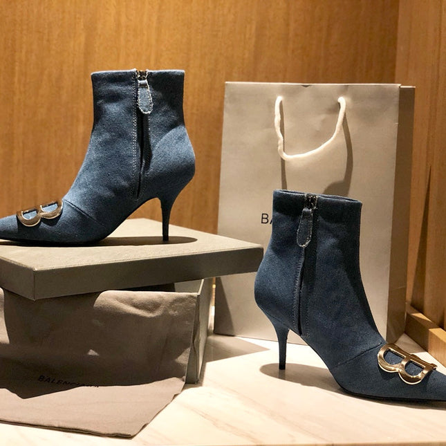 POINTED-TOE HIGH HEEL 80 MM ANKLE BOOTS IN BLUE DENIM