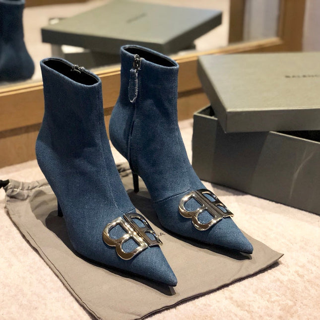 POINTED-TOE HIGH HEEL 80 MM ANKLE BOOTS IN BLUE DENIM