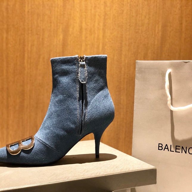 POINTED-TOE HIGH HEEL 80 MM ANKLE BOOTS IN BLUE DENIM