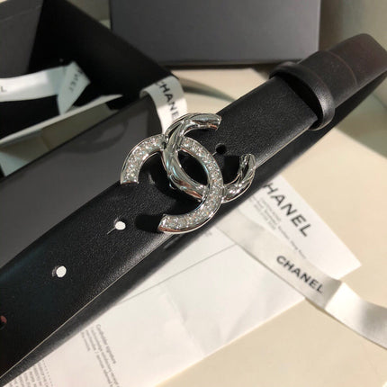 CC BELT 30 MM IN BLACK CALFSKIN WITH SILVER BUCKLE HARDWARE ATTACH RHINSTONES