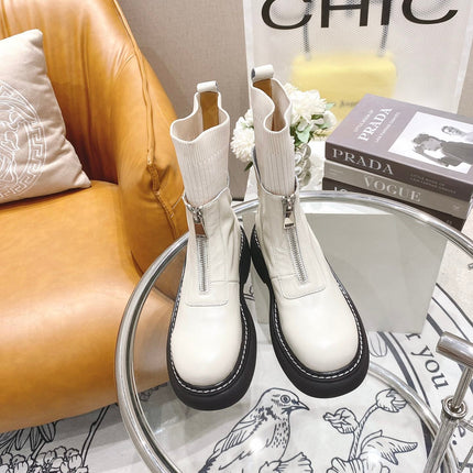 BOTTEGA VENETA 26S PLATFORM ANKLE BOOTS IN OFF WHITE KNIT FABRIC AND CALFSKIN