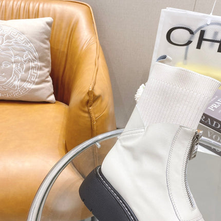 BOTTEGA VENETA 26S PLATFORM ANKLE BOOTS IN OFF WHITE KNIT FABRIC AND CALFSKIN