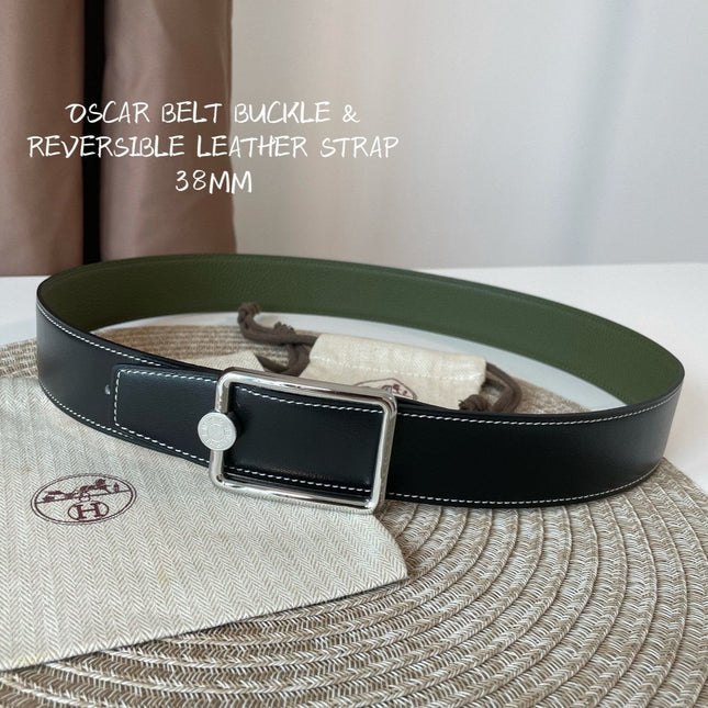 OSCAR BELT BUCKLE & REVERSIBLE OLIVE GREEN AND BLACK LEATHER STRAP 38MM SILVER HARDWARE