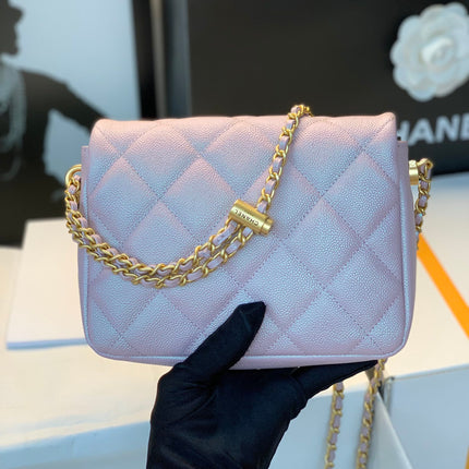CHANEL 25S CLASSIC FLAP 19 CM IN MAUVE PINK CAVIAR LEATHER WITH GOLD HARDWARE