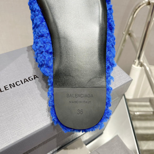 BALENCIAGA 25S MULES IN BLUE WOOL WITH LOGO
