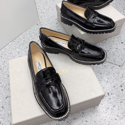 JIMMY CHOO 26S LOAFERS IN BLACK CRINKLED PATENT CALFSKIN
