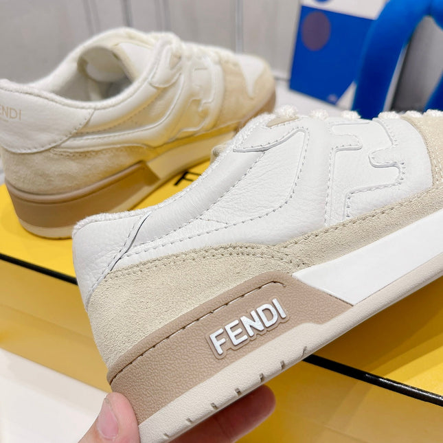 FENDI CASUAL SNEAKER IN WHITE CALFSKIN AND TAN BROWN SUEDE