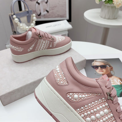 JIMMY CHOO 26S SNEAKERS IN PASTEL PINK CALFSKIN PEARL EMBELLISHED