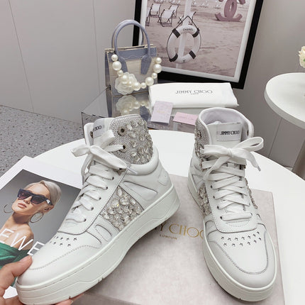 JIMMY CHOO 26S HIGH TOP SNEAKERS IN OFF WHITE CALFSKIN CRYSTAL EMBELLISHED