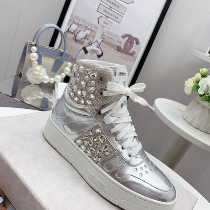 JIMMY CHOO 26S HIGH TOP SNEAKERS IN SILVER CALFSKIN CRYSTAL EMBELLISHED