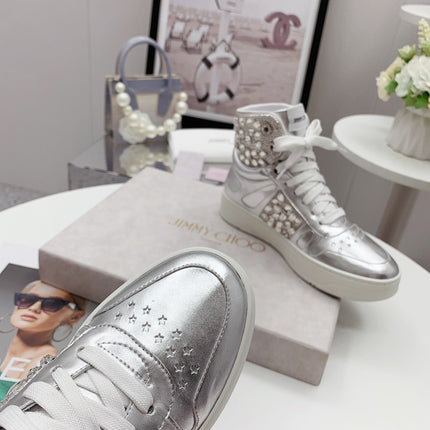 JIMMY CHOO 26S HIGH TOP SNEAKERS IN SILVER CALFSKIN CRYSTAL EMBELLISHED