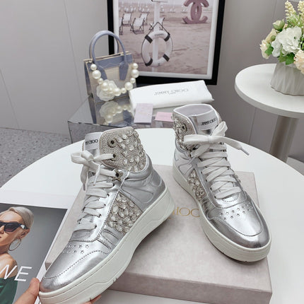 JIMMY CHOO 26S HIGH TOP SNEAKERS IN SILVER CALFSKIN CRYSTAL EMBELLISHED