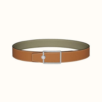 OSCAR BELT BUCKLE & REVERSIBLE KHAKI BROWN AND ORANGE LEATHER STRAP 38MM SILVER HARDWARE