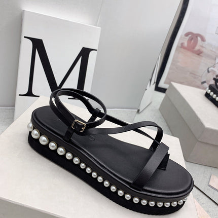 JIMMY CHOO 26S FLATFORM SANDALS 50 MM IN BLACK CALFSKIN WITH PEARLS