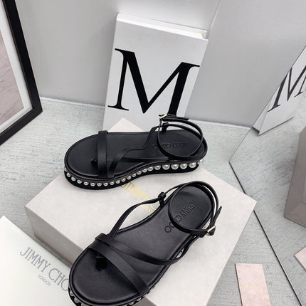 JIMMY CHOO 26S FLATFORM SANDALS 50 MM IN BLACK CALFSKIN WITH PEARLS