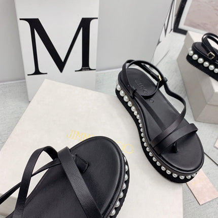 JIMMY CHOO 26S FLATFORM SANDALS 50 MM IN BLACK CALFSKIN WITH PEARLS