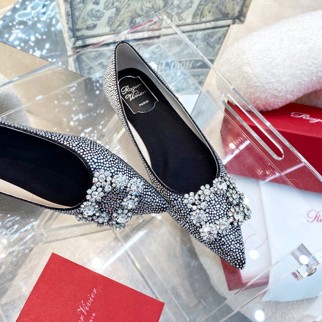 EFFLORESCENCE BALLERINAS IN BLACK CALFSKIN WITH FULLY EMBELLISHED CRYSTALS