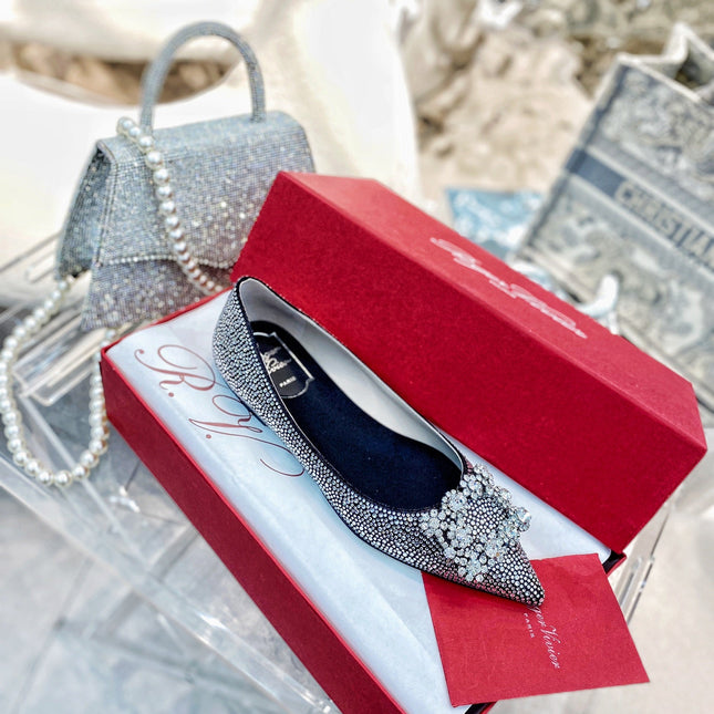EFFLORESCENCE BALLERINAS IN BLACK CALFSKIN WITH FULLY EMBELLISHED CRYSTALS