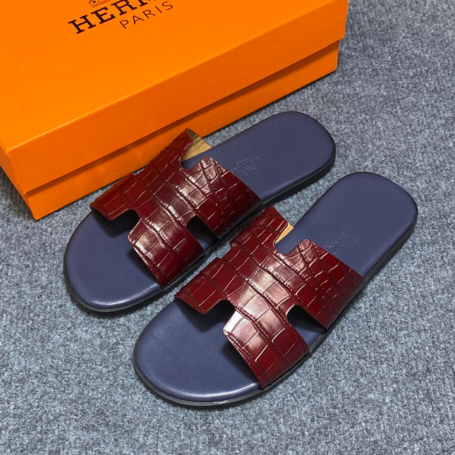 HM IZMIR CROCODILE MOTIF SANDAL INDIGO AND BRICK CALFSKIN
