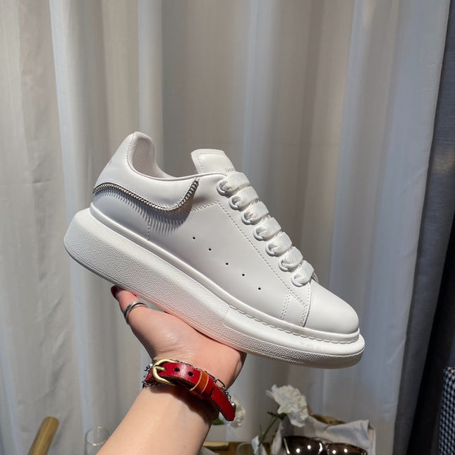 OVERSIZED SNEAKERS IN WHITE CALFSKIN WITH ZIPPER DETAIL AND SILVER LOGO HEEL