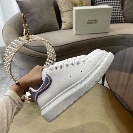 OVERSIZED SNEAKER IN WHITE CALFSKIN WITH PURPLE SUEDE HEEL TAB
