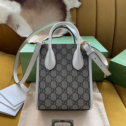 MINI TOTE  20 BAG IN BEIGE CANVAS AND WHITE CALFSKIN