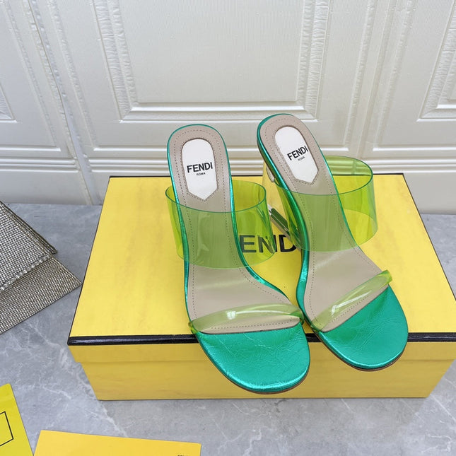 FENDI FIRST 95 MM HIGH-HEELED SANDAL IN GREEN FERN TPU FILM AND LAMBSKIN