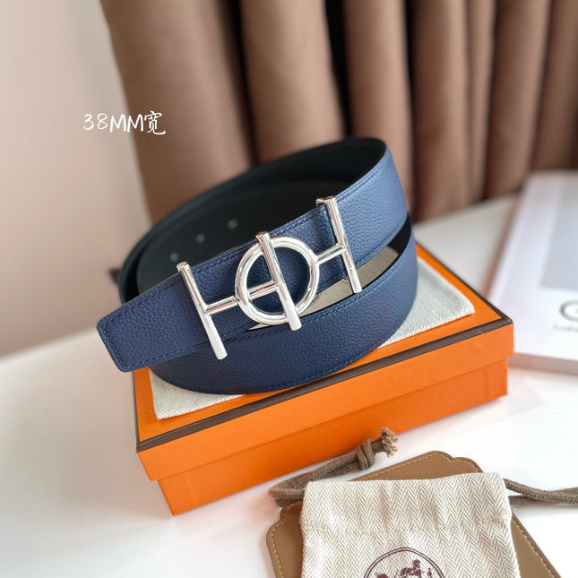 ULYSSE BELT BUCKLE & REVERSIBLE NAVY BLUE LEATHER STRAP 38MM SILVER HARDWARE