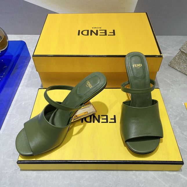 FENDI FIRST 95 MM HIGH-HEELED SANDAL IN OLIVE GREEN LAMBSKIN GOLD HARDWARE