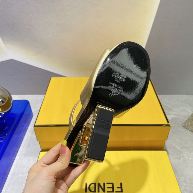FENDI FIRST 95 MM HIGH-HEELED SANDAL IN GOLDEN LAMBSKIN GOLD HARDWARE