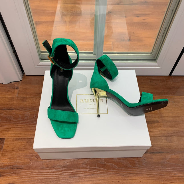 BALMAIN 25S THIN STRAP HIGH HEELS 105MM IN GREEN SUEDE GOLD HARDWARE