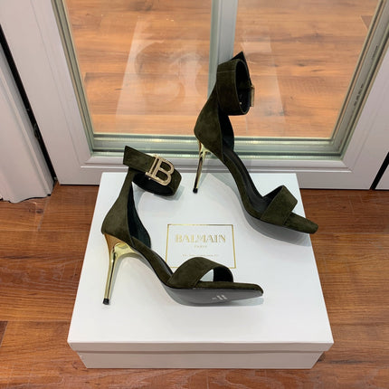 BALMAIN 25S THIN STRAP HIGH HEELS 105MM IN VERY DEEP OLIVE SUEDE GOLD HARDWARE