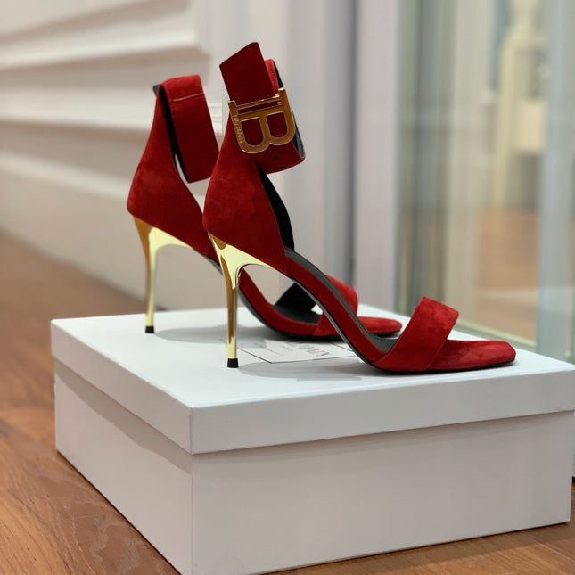 BALMAIN 25S THIN STRAP HIGH HEELS 105MM IN DARK RED SUEDE GOLD HARDWARE