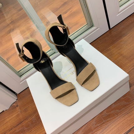 BALMAIN 25S THIN STRAP HIGH HEELS 105MM IN LIGHT MOCHA SUEDE GOLD HARDWARE