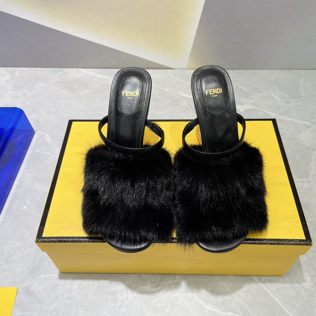 FENDI FIRST HIGH HEEL 95 MM SANDAL IN BLACK MINK FUR