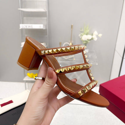 VALENTINO 26S ROCKSTUD STRAPPY BLOCK HEEL SLIDE SANDALS IN BROWN CALFSKIN GOLD HARDWARE