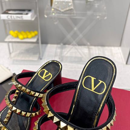 VALENTINO 26S ROCKSTUD STRAPPY BLOCK HEEL SLIDE SANDALS IN BLACK CALFSKIN GOLD HARDWARE